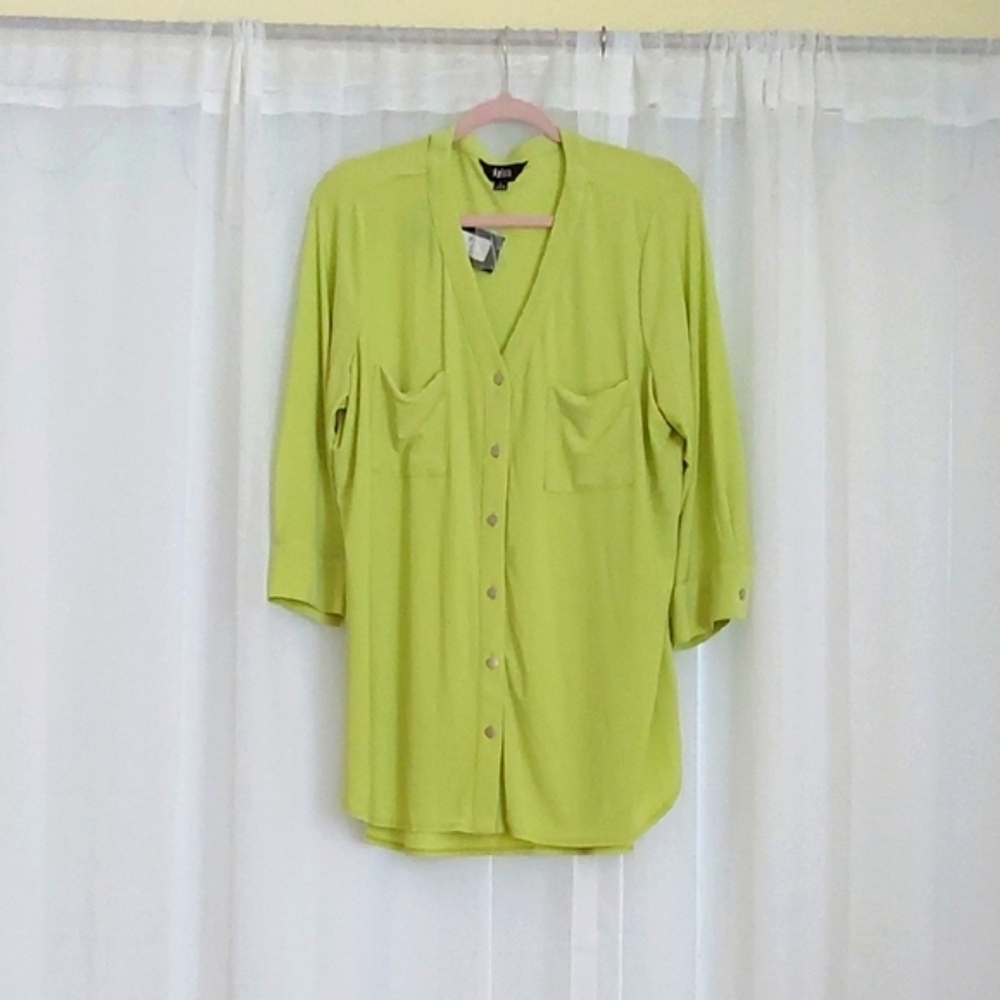 NWT Slim Factor Lime Green Button-Up Blouse Size L